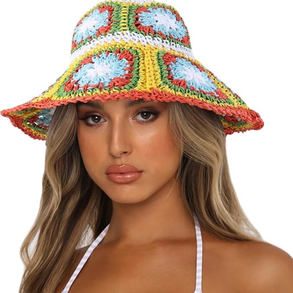 Multi Bright Printed Floral Straw Crochet Hat New